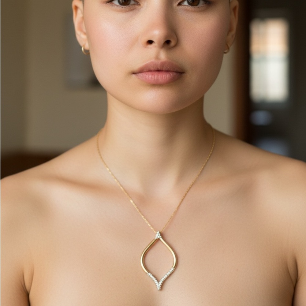Goldtone Open Teardrop Necklace with Pavé Accent